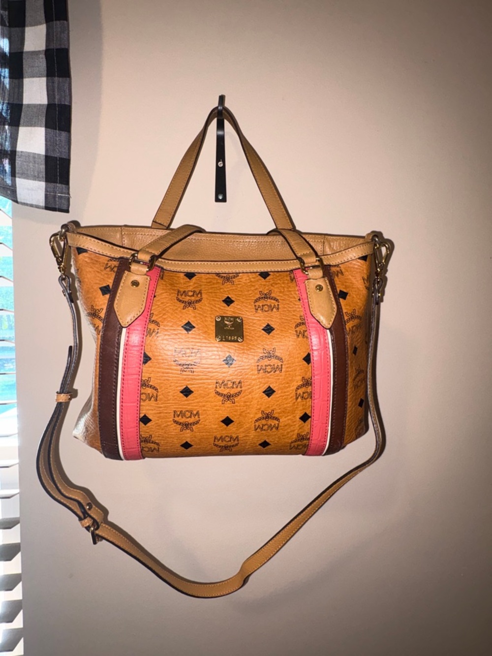 MCM Tan Visetos Satchel with Pink Stripe Accents
